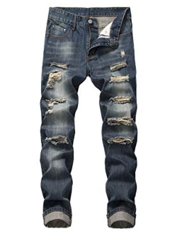 FEESON Men's Straight Leg Slimming Fit Distressed Loose Denim Jeans