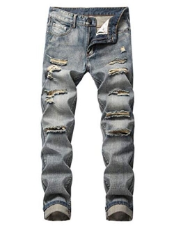 FEESON Men's Straight Leg Slimming Fit Distressed Loose Denim Jeans