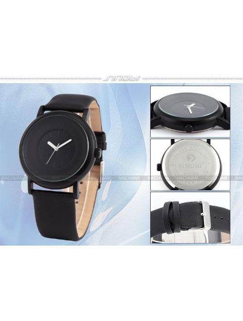 SINOBI New Fashion Round Mens Women Unisex Black Polyurethane Synthetic Leather Band Quartz Wrist Watch SNB004
