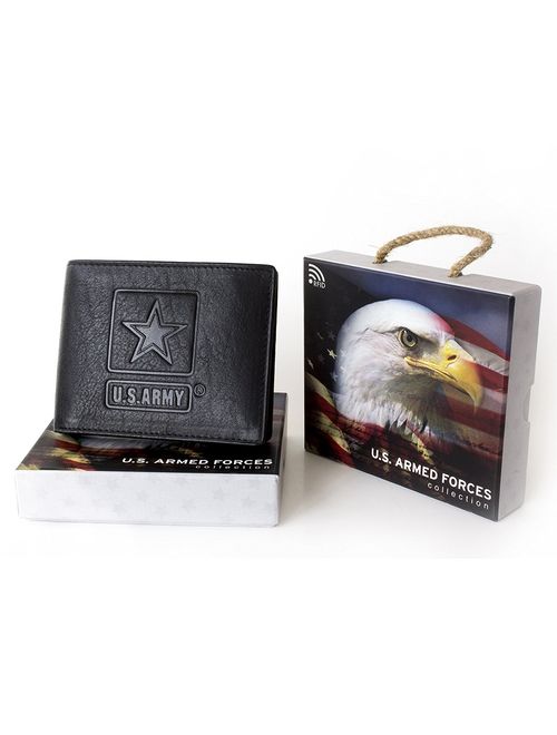 US Armed Forces RFID Men's Genuine Leather Wallets Gift Boxed Fold ARMY NAVY MARINES AIRFORCE