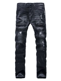 YTD Men's Zipper Biker Jeans Ripped Distressed Slit Denim Slim Stretch Moto Pants