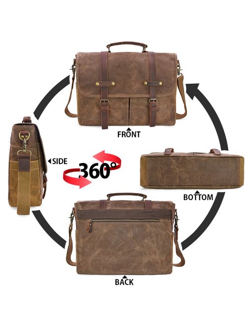 Messenger Bag Mens Canvas Leather 15.6 Inch Laptop Briefcase Crossbody Shoulder