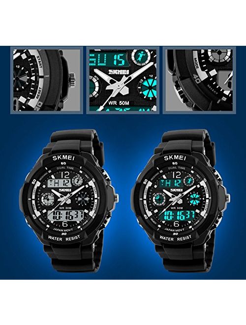 Fanmis Military Analog Digital Display Multifunction Dual Time Alarm Stopwatch Backlight 50M Waterproof Sports Watch Red