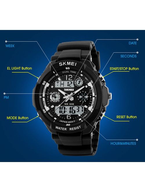 Fanmis Military Analog Digital Display Multifunction Dual Time Alarm Stopwatch Backlight 50M Waterproof Sports Watch Red