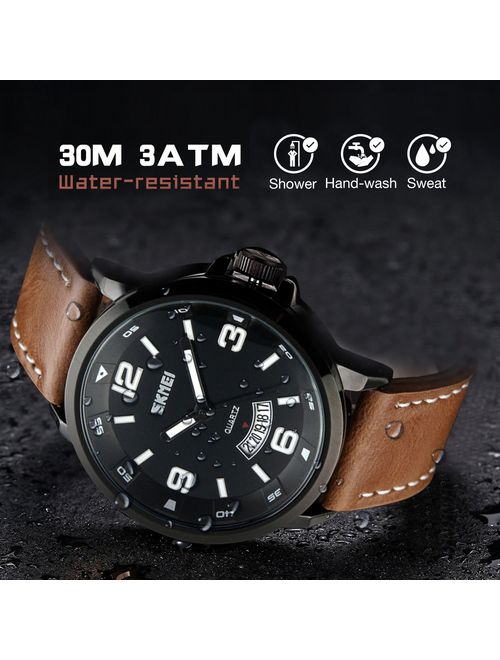 Mens Fashion Dress Analog Quartz Watch with Brown Leather Band Unique Big Face Number Retro Casual Wrist Watches Classic Business Waterproof Wristwatch Calendar Date Week