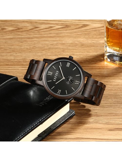 LEFTLY Mens Wooden Watch Handmade Wood Band Lightweight Miyota Movement Quartz Wrist Watch