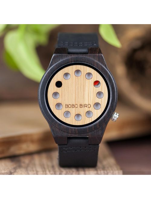 BOBO Bird Men's Bamboo Wooden Watch with Black Cowhide Leather Strap 12 Holes Timer Design Sports Casual Watches