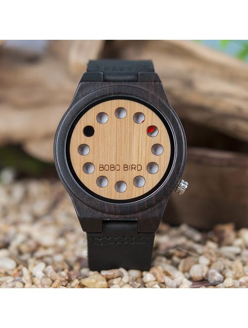 BOBO Bird Men's Bamboo Wooden Watch with Black Cowhide Leather Strap 12 Holes Timer Design Sports Casual Watches