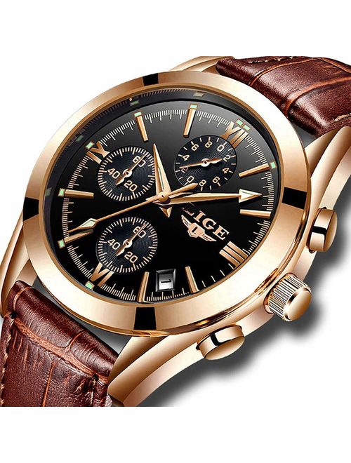 LIGE Mens Watch Leather Analog Quartz Wristwatch Men Date Business Dress Wristwatch Men's Casual Waterproof Sport Clock Black Brown