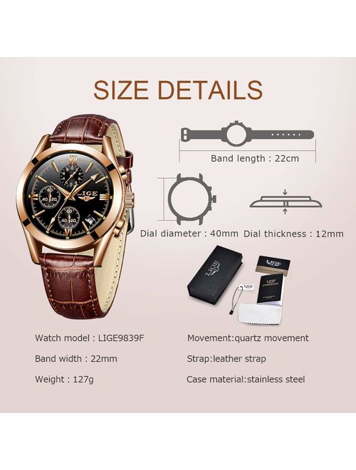 LIGE Mens Watch Leather Analog Quartz Wristwatch Men Date Business Dress Wristwatch Men's Casual Waterproof Sport Clock Black Brown