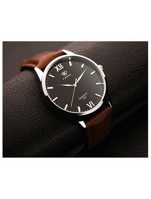 K-Martins Mens Wrist Watch -Quartz Analog Roman Numeral with Classic Brown Leather - Waterproof 10 Years Batteries - Fashion Casual Unique Dress - Business Office Work Sc