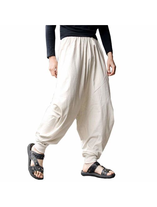 BITLIVE Men's Cotton Linen Plus Size Stretchy Waist Casual Ankle Length Pants