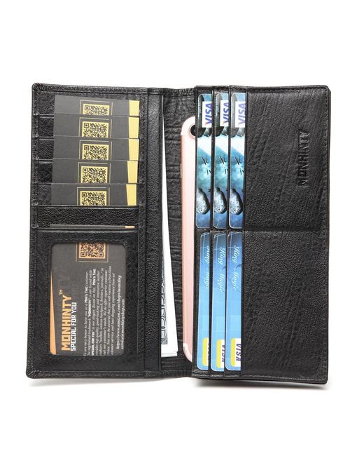 MONHINTY Men's Genuine Leather Multi-Card Long Bifold Wallet