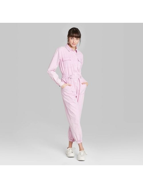 Women's Long Sleeve Collared Neck Belted Utility Jumpsuit - Wild Fable Lavender