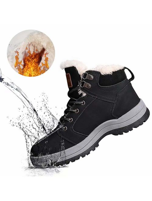 KUIBU Mens Lace up Anti-Slip Ankle Waterproof Snow Hiking Boots Warm Fur Lined Winter Warm Shoes