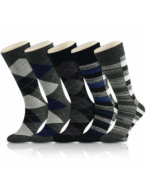 Fashion Mens Cotton Socks Dress Argyle Striped Solid Ribbed Black Grey,5 Pack 