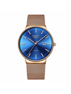 LIGE Mens Watches Ultra-Thin Waterproof Stainless Steel Mesh Wrist Watches Business Dress with Date Analog Quartz Watch Man