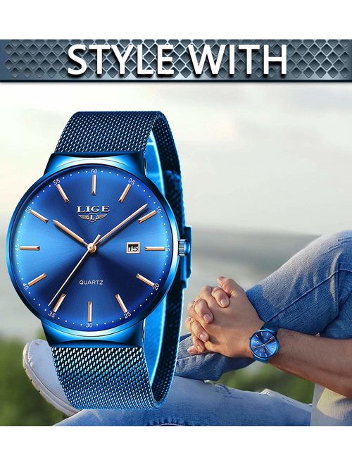 LIGE Mens Watches Ultra-Thin Waterproof Stainless Steel Mesh Wrist Watches Business Dress with Date Analog Quartz Watch Man