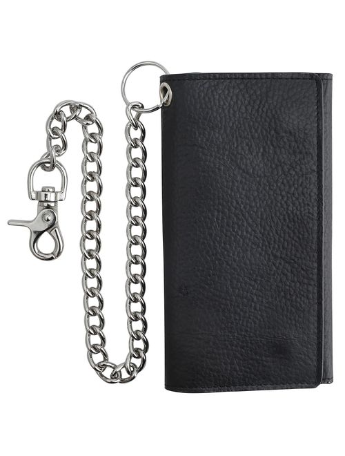 RFID Blocking Mens Tri-fold Long Style Cowhide Leather Steel Chain Wallet,