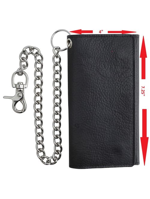 RFID Blocking Mens Tri-fold Long Style Cowhide Leather Steel Chain Wallet,