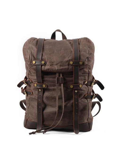 School Backpack, Vintage Waxed Canvas Leather Laptop Backpack for Men/Women 15.6" Waterproof Travel Rucksack-Large capacity
