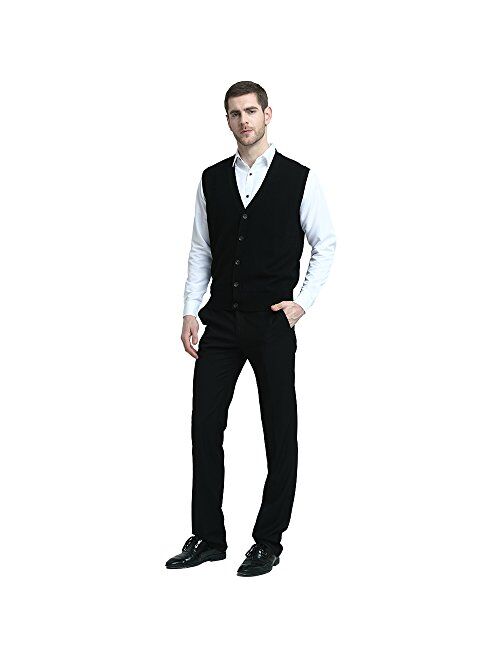 Kallspin Men's Cashmere Blended Sweater Vest Relaxed Fit V-Neck Sleeveless Cardigan with Front Button