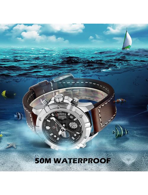 Mens Sport Watch Digital Analog Quartz Waterproof Multifunctional Military Leather Wrist Watches