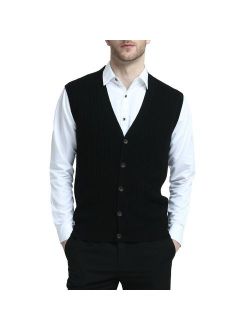 Kallspin Men's Relaxed Fit Cashmere Blended Sweater Vest Cable Knit V-Neck Sleeveless Cardigan with Front Button