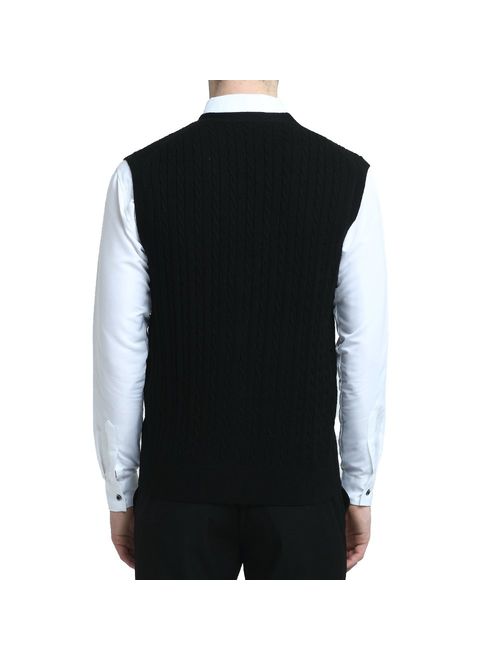 Kallspin Men's Relaxed Fit Cashmere Blended Sweater Vest Cable Knit V-Neck Sleeveless Cardigan with Front Button