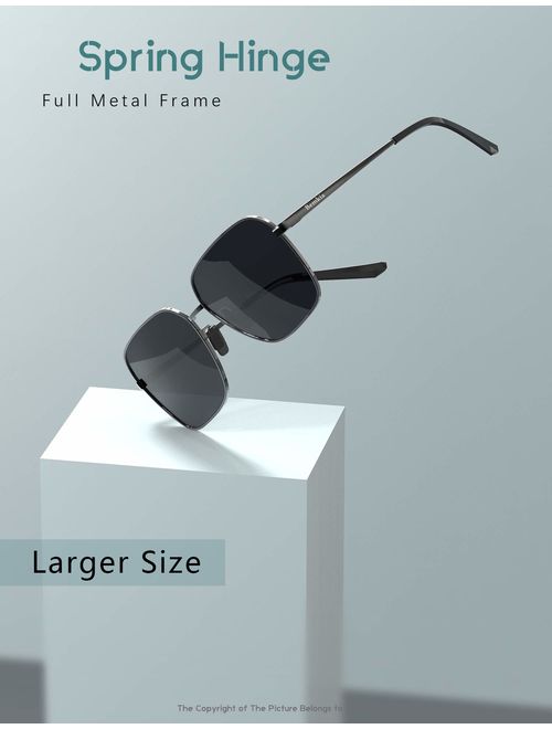 Bemkia Sunglasses Men Women Rectangular Polarized Metal Frame with Spring Hinges UV400 Protection 62MM