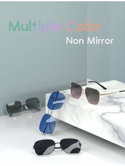 Bemkia Sunglasses Men Women Rectangular Polarized Metal Frame with Spring Hinges UV400 Protection 62MM