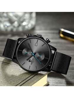 GOLDEN HOUR Men's Watches Fashion Sport Quartz Analog Black Mesh Stainless Steel Waterproof Chronograph Wrist Watch, Auto Date in Blue/Red/Gold Hands