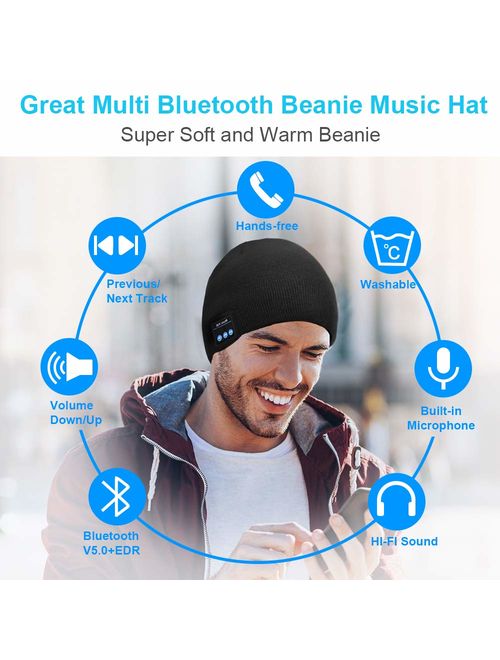 Bluetooth Beanie Hat, Upgraded Unisex Knit Bluetooth 5.0 Winter Music Hat with Built-in Stereo Speakers, Unique Christmas Tech Gag Gifts for Boyfriend/Him/Men/Teen Boys/S
