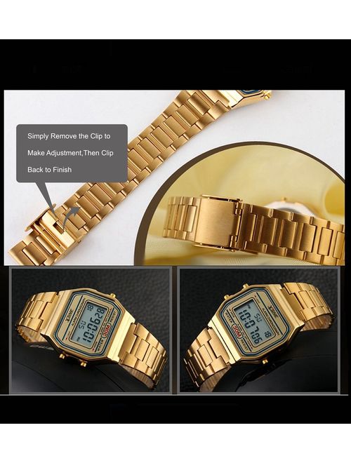 Digital Sports Watch Water Resistant Outdoor Stainless Steel Band Electronic Waterproof Square LED Back Light Men's Wristwatch Gold 1123
