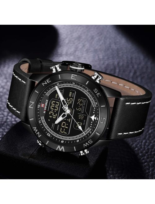 Tonnier Genuine Leather Band Analog Digital LED Dual Time Display Mens Watch
