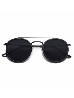 Small Retro Round Polarized Sunglasses UV400 Double Bridge Sunnies SUNSET SJ1104 with Black Frame/Grey Lens