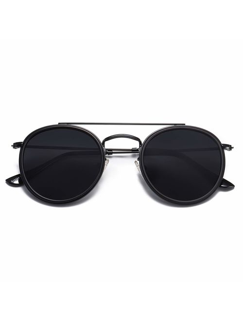SOJOS Small Retro Round Polarized Sunglasses UV400 Double Bridge Sunnies SUNSET SJ1104 with Black Frame/Grey Lens