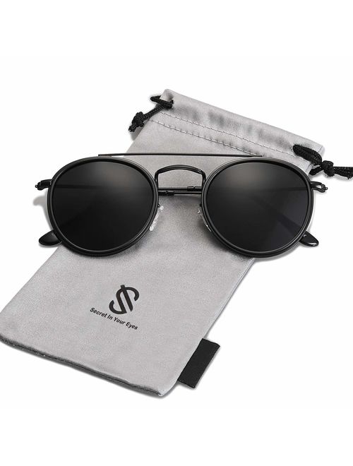 SOJOS Small Retro Round Polarized Sunglasses UV400 Double Bridge Sunnies SUNSET SJ1104 with Black Frame/Grey Lens