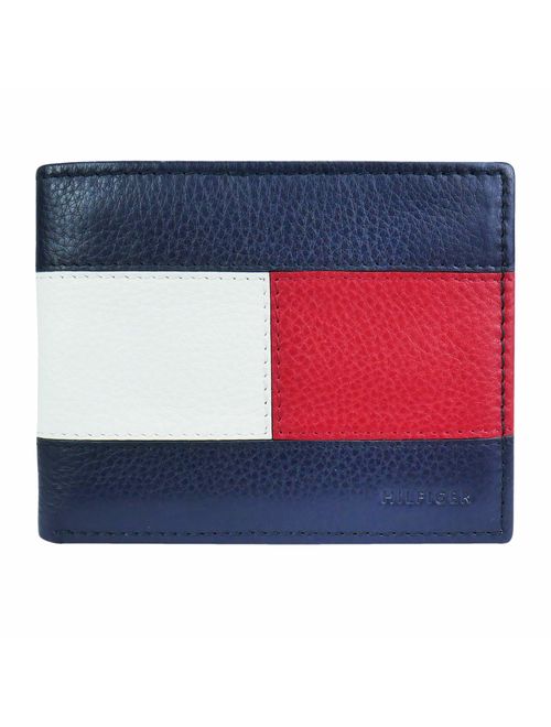 Tommy Hilfiger Men's Slim Leather Bifold Wallet-Red White and Blue Flag Design