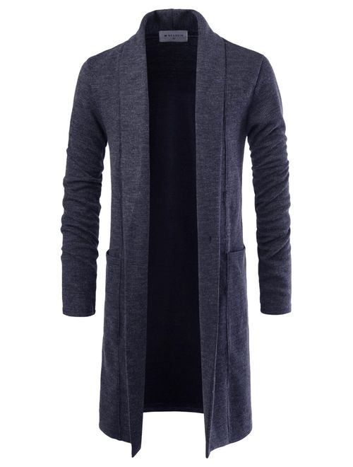 NEARKIN Slim Knitted Button Shawl-Collar Sweater Comfy Long Cardigans for Men