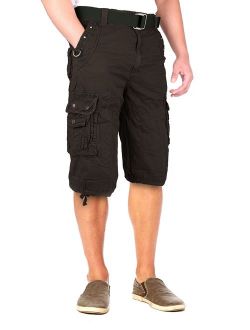 North 15 Mens Belted Cotton Military Style Multi Pocket Cargo Short