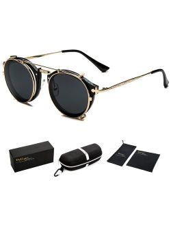Clip On Sunglasses Steampunk Style and Round Mirrored Lens