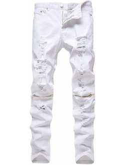 LOSIBUDSA Men's Skinny Slim Fit Straight Ripped Destroyed Distressed Zipper Stretch Knee Patch Denim Pants Jeans