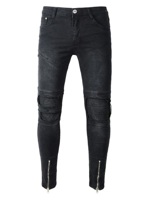LOSIBUDSA Men's Skinny Slim Fit Straight Ripped Destroyed Distressed Zipper Stretch Knee Patch Denim Pants Jeans