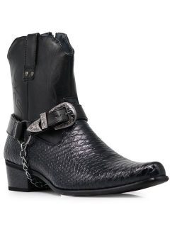 Alberto Fellini Men's Crocodile Prints Western Cowboy Boots with Side Zipper, Belt Buckle and Metal Chain