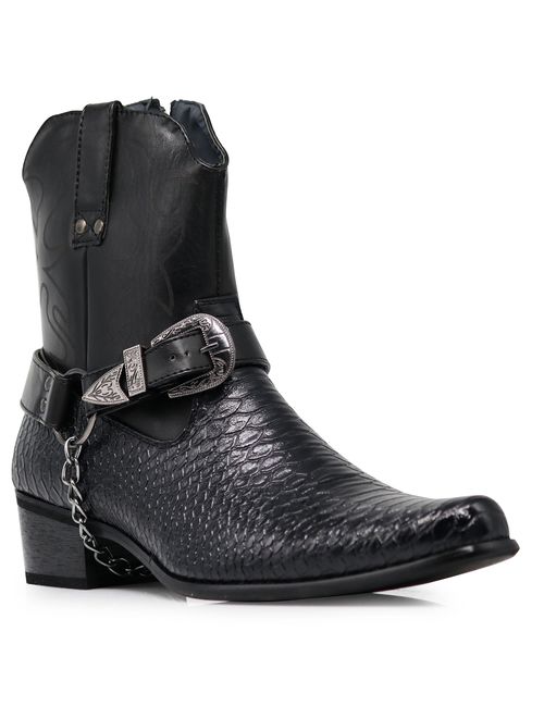 Alberto Fellini Men's Crocodile Prints Western Cowboy Boots with Side Zipper, Belt Buckle and Metal Chain