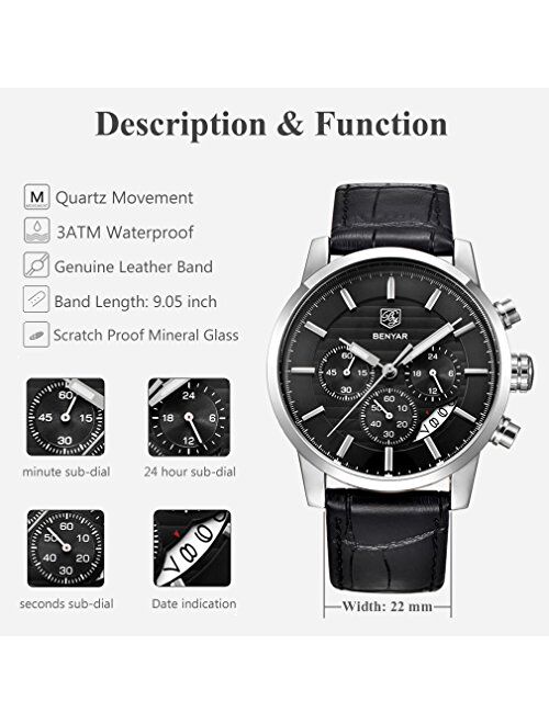 BENYAR Quartz Chronograph Waterproof Watches Business and Sport Design Leather Band Strap Wrist Watch for Men