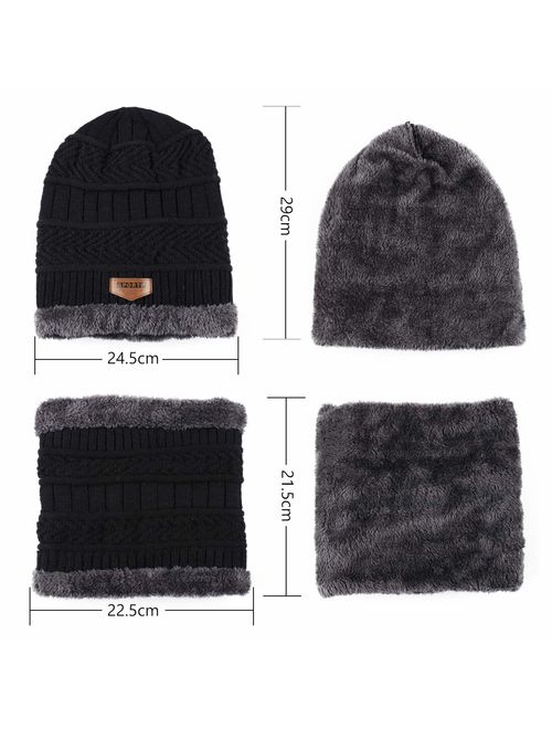 Fostoy Men's Winter Hat, Winter Knit Warm Beanie Hat, Soft Comfortable Hat Scarf Set for Men and Women with Fleece Lining (Black)