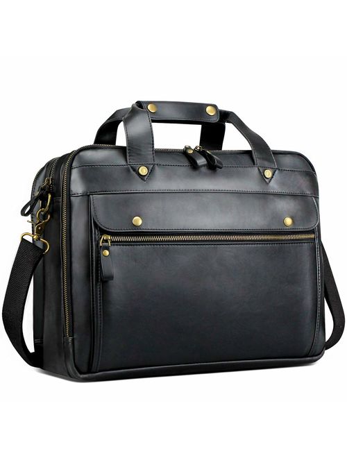 Leather Briefcase for Men ComputerBag Laptop Bag Waterproof Retro Business Travel Messenger Bag Large Tote 15.6 Inch Brown