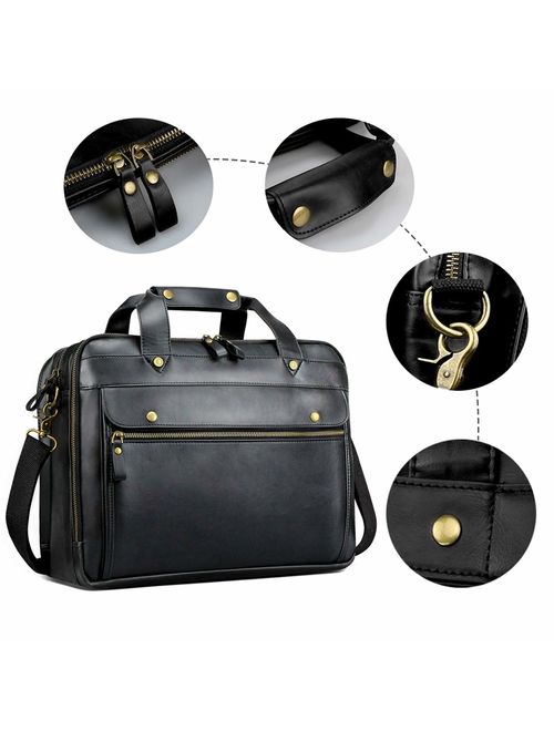 Leather Briefcase for Men ComputerBag Laptop Bag Waterproof Retro Business Travel Messenger Bag Large Tote 15.6 Inch Brown